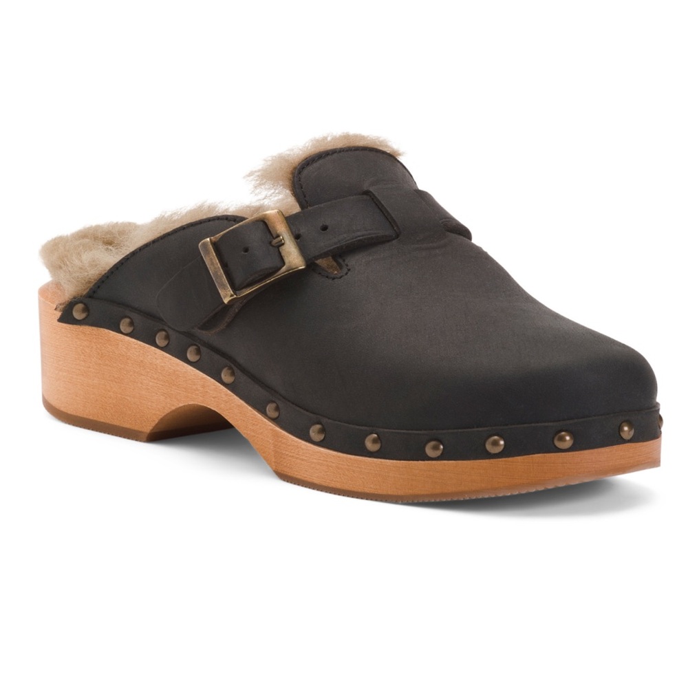 RE/DONE leather and fur clogs